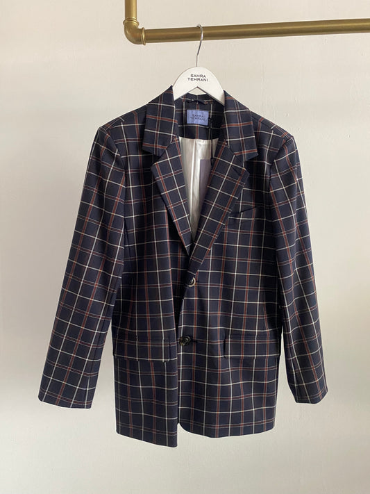 Oversized Blazer Navy Blue Brown Check